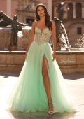 Picture of: Corset Tulle A-Line Gown with Lace Applique and Slit in Light Mint, Style: 33860, Main Picture