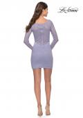 Picture of: Neon Long Sleeve Stretch Lace Dress with Sheer Lace Back in Light Periwinkle, Style: 30354, Detail Picture 6