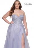Picture of: Strapless Lace and Tulle A-Line Plus Gown with Tie Back in Light Periwinkle, Style: 31570, Detail Picture 14
