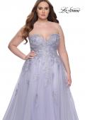 Picture of: Strapless Lace and Tulle A-Line Plus Gown with Tie Back in Light Periwinkle, Style: 31570, Detail Picture 15