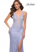 Picture of: Fitted Stretch Lace Gown with Deep V and Beading in Light Periwinkle, Style 29977, Main Picture