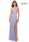 Picture of: Beaded Lace One Shoulder Dress with Unique Lace Up Back in Light Periwinkle, Style: 31515, Main Picture