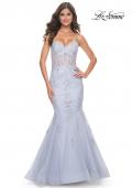 Picture of: Mermaid Strapless Dress with Illusion Bodice and Lace Applique in Light Periwinkle, Style: 32214, Main Picture