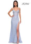 Picture of: Stretch Satin Prom Dress with Eyelet Detail Neckline in Light Periwinkle, Style 32671, Detail Picture 8