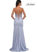 Picture of: Lace and Ruched Jersey Prom Dress with Deep V Neckline in Light Periwinkle, Style: 33001, Detail Picture 8