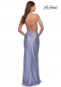 Picture of: Long Tie Up Back Jersey Prom Dress with Slit in Light Periwinkle, Style: 28296, Detail Picture 9