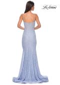Picture of: Stretch Satin Prom Dress with Eyelet Detail Neckline in Light Periwinkle, Style 32671, Detail Picture 9