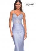 Picture of: Sheer Lace Bodice with Scallop Edge Jersey Long Dress in Light Periwinkle, Style: 31272, Detail Picture 10