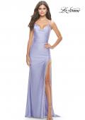 Picture of: Fringe Beaded Slit Jersey Gown with Lace Up Back in Light Periwinkle, Style: 31326, Detail Picture 10