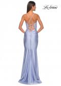 Picture of: Sheer Lace Bodice with Scallop Edge Jersey Long Dress in Light Periwinkle, Style: 31272, Detail Picture 12