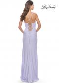 Picture of: Ruched Jersey Dress with Lace Up Back in Light Periwinkle, Style: 31572, Detail Picture 13
