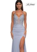Picture of: Lace and Ruched Jersey Prom Dress with Deep V Neckline in Light Periwinkle, Style: 33001, Detail Picture 13