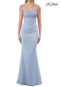 Picture of: Ruched Lace Fitted Gown with Strappy Open Back in Light Periwinkle, Style: 33857, Detail Picture 13