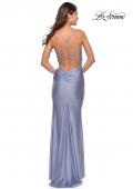Picture of: Form Fitting Jersey Dress with Ruching and Strappy Back in Light Periwinkle, Style: 27501, Detail Picture 15