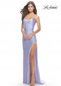 Picture of: Fringe Beaded Slit Jersey Gown with Lace Up Back in Light Periwinkle, Style: 31326, Detail Picture 15