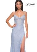 Picture of: Stretch Satin Prom Dress with Eyelet Detail Neckline in Light Periwinkle, Style 32671, Detail Picture 16