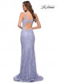 Picture of: Fitted Stretch Lace Gown with Deep V and Beading in Light Periwinkle, Style 29977, Back Picture