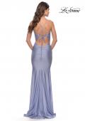Picture of: Rhinestone Ruched Jersey Prom Dress with Lace Up Back in Bright Colors in Light Periwinkle, Style: 31237, Back Picture