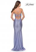 Picture of: Embellished Rhinestone Jersey Long Dress with Lace Up Back in Neon in Light Periwinkle, Style: 31401, Back Picture