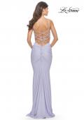 Picture of: Twist Front Cut Out Jersey Prom Dress in Bright Colors in Light Periwinkle, Style: 31435, Back Picture