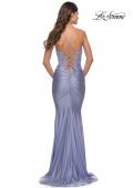 Picture of: Beaded Lace Bodice with Sheer Waist Long Jersey Gown in Bright Colors in Light Periwinkle, Style: 31437, Back Picture