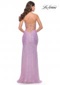 Picture of: Lace Up Back Sequin Gown with Flare Skirt in Bright Colors in Light Periwinkle, Style: 31509, Back Picture