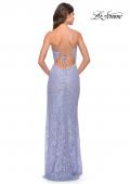 Picture of: Beaded Lace One Shoulder Dress with Unique Lace Up Back in Light Periwinkle, Style: 31515, Back Picture