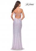 Picture of: Cowl Neck Stretch Sequin Dress with Slit in Light Periwinkle, Style: 31517, Back Picture