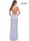 Picture of: Rhinestone Rose Detail Jersey Dress with Draped Neckline in Light Periwinkle, Style: 31574, Back Picture