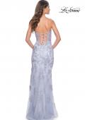 Picture of: Embroidered Lace Fitted Prom Dress with Lace Edge Slit in Light Periwinkle, Style: 32013, Back Picture