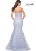 Picture of: Mermaid Strapless Dress with Illusion Bodice and Lace Applique in Light Periwinkle, Style: 32214, Back Picture