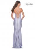 Picture of: Neon Ruched Jersey Dress with Illusion Corset Lace Top in Light Periwinkle, Style: 32322, Back Picture