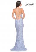 Picture of: Beaded Lace Long Dress with Illusion Bodice in Light Periwinkle, Style: 32434, Back Picture