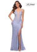 Picture of: Fitted Stretch Lace Gown with Deep V and Beading in Light Periwinkle, Style 29977, Detail Picture 1