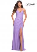Picture of: Long Pastel Dress with Flattering Ruching and Slit in Purple, Style: 30604, Detail Picture 1