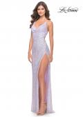 Picture of: Cowl Neck Stretch Sequin Dress with Slit in Light Periwinkle, Style: 31517, Detail Picture 1