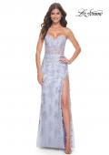 Picture of: Embroidered Lace Fitted Prom Dress with Lace Edge Slit in Light Periwinkle, Style: 32013, Detail Picture 1