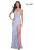 Picture of: Lace Fitted Dress with Deep V Neckline and Lace Applique in Light Periwinkle, Style: 32205, Detail Picture 1