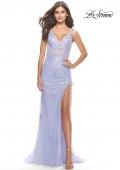 Picture of: Lace Long Dress with High Side Slit and V Neckline in Light Periwinkle, Style: 31125, Detail Picture 2