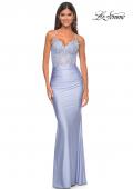 Picture of: Sheer Lace Bodice with Scallop Edge Jersey Long Dress in Light Periwinkle, Style: 31272, Detail Picture 2