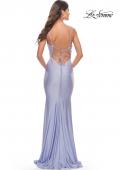 Picture of: Bedazzled Rhinestone Jersey Gown with Deep V Neckline in Neon in Light Periwinkle, Style: 31413, Detail Picture 2