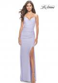 Picture of: Ruched Jersey Dress with Lace Up Back in Light Periwinkle, Style: 31572, Detail Picture 3