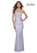 Picture of: Neon Ruched Jersey Dress with Illusion Corset Lace Top in Light Periwinkle, Style: 32322, Detail Picture 3