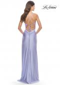 Picture of: Fringe Beaded Slit Jersey Gown with Lace Up Back in Light Periwinkle, Style: 31326, Detail Picture 4