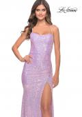 Picture of: Lace Up Back Sequin Gown with Flare Skirt in Bright Colors in Light Periwinkle, Style: 31509, Detail Picture 4