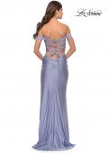 Picture of: Rhinestone Off the Shoulder Dress with Lace Up Back in Light Periwinkle, Style: 31276, Detail Picture 6