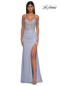 Picture of: Lace and Ruched Jersey Prom Dress with Deep V Neckline in Light Periwinkle, Style: 33001, Detail Picture 7