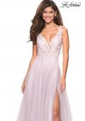 Picture of: Floor Length Tulle Gown with Plunging Lace Bodice in Light Pink, Style: 27621, Main Picture