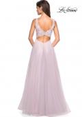 Picture of: Floor Length Tulle Gown with Plunging Lace Bodice in Light Pink, Style: 27621, Back Picture