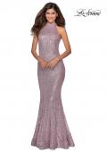 Picture of: Long Sequin Gown with High Neckline and Lace Back in Light Pink, Style: 28612, Detail Picture 2